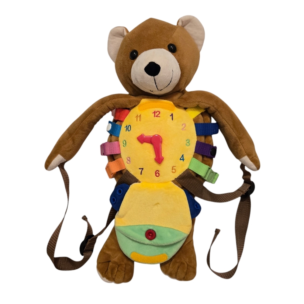 Soft Plush Teddy Bear Clock Backpack "Buckle Toys Billy Bear" Colorful Toy Skils
